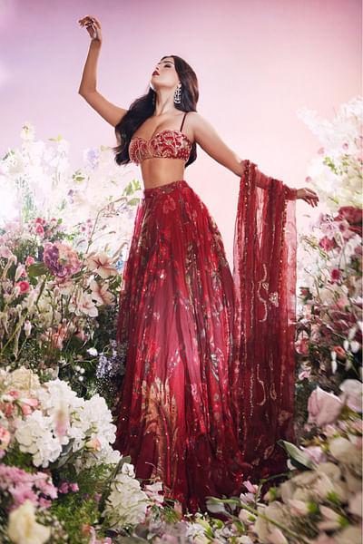 Red leaf and floral printed lehenga set