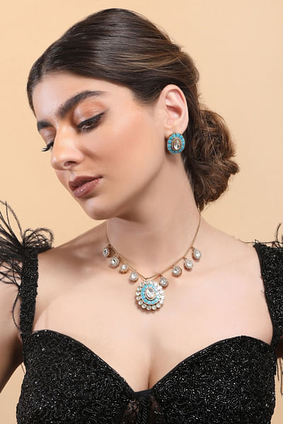 Blue kundan polki necklace set