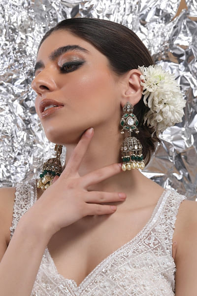 Green and gold polki jhumkas