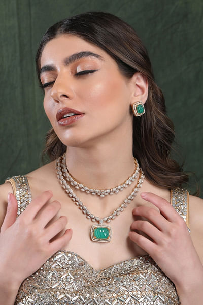 Green kundan polki layered necklace set