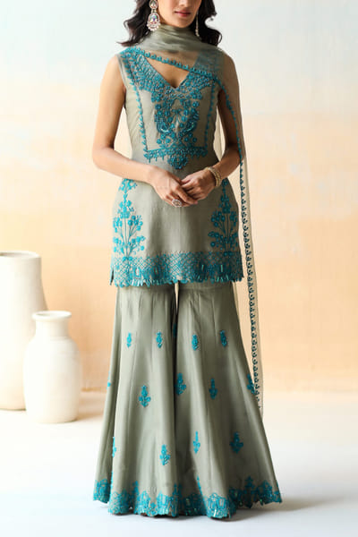 Sea green embroidered sharara set