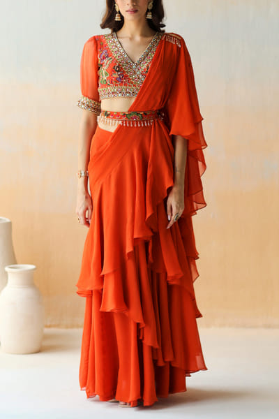 Aman Takyar Orange pre-draped ruffle sari set ATASEPT2213