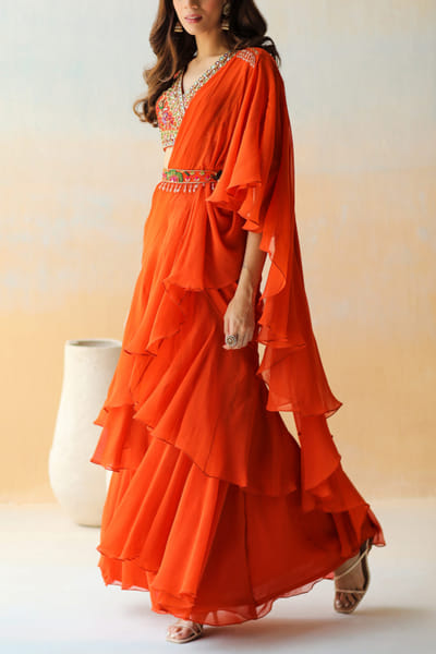 Aman Takyar Orange pre-draped ruffle sari set ATASEPT2213