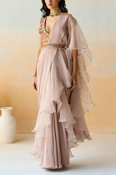 Beige pre-draped sari set