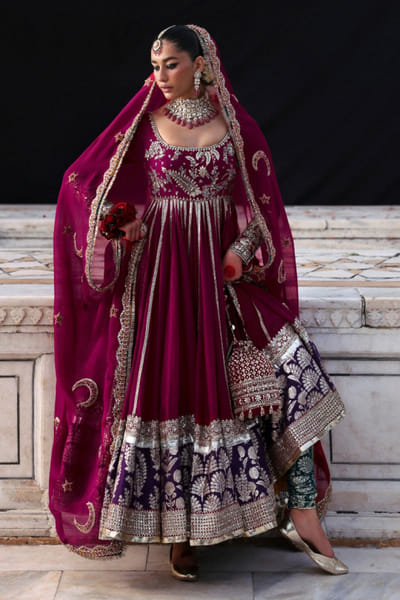 Hussain Rehar Deep berry embroidered pishwas kurta set HUSAUG25D132511