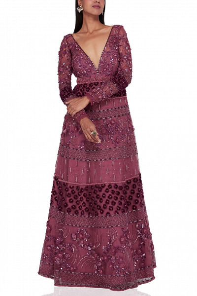Wine red embroidered gown