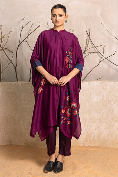 Haute Mess Wine floral print chanderi kaftan tunic HAUTJUN26D147164