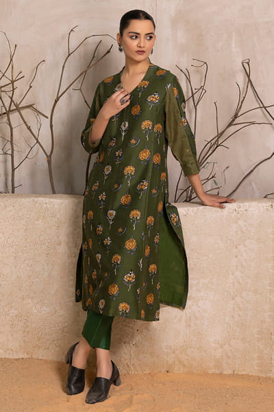 Haute Mess Leaf green floral print chanderi tunic HAUTJUN26D147167