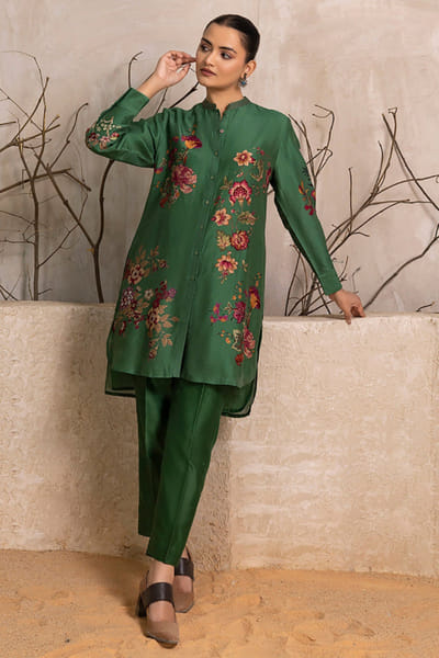 Haute Mess Green floral print chanderi shirt tunic HAUTJUN26D147168