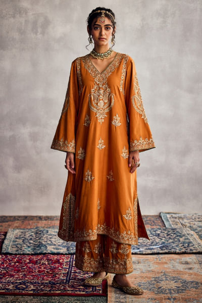 Orange thread embroidered kurta set
