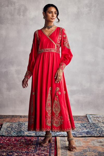 Red embroidered angrakha-style kurta set