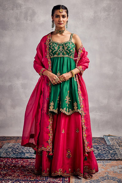 Green embroidered kurta and sharara set