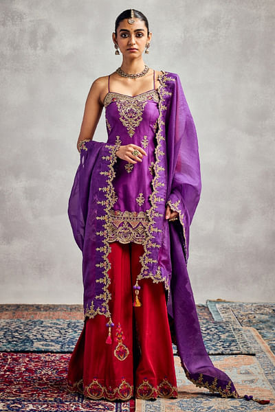 Purple thread embroidered kurta set