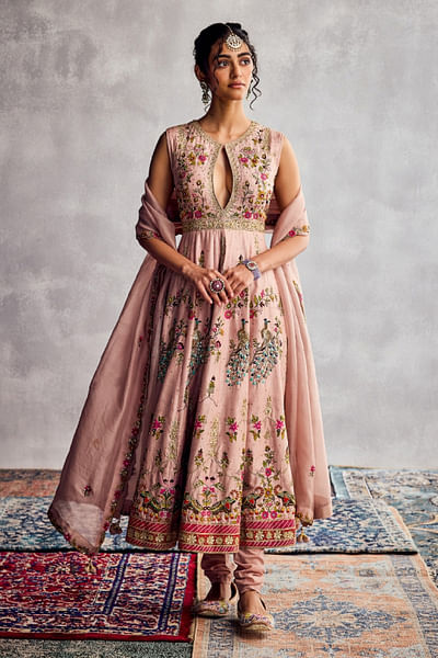 Peach floral embroidered anarkali set