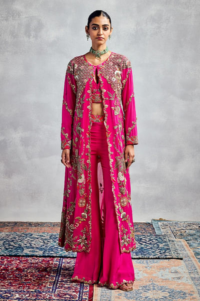 Fuchsia pink zardozi embroidered jacket set