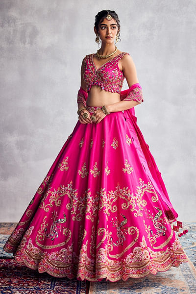 Fuchsia pink floral embroidered lehenga set