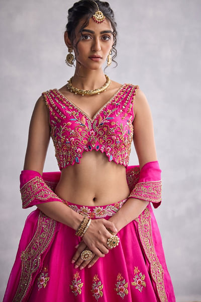 Fuchsia pink embroidered lehenga set