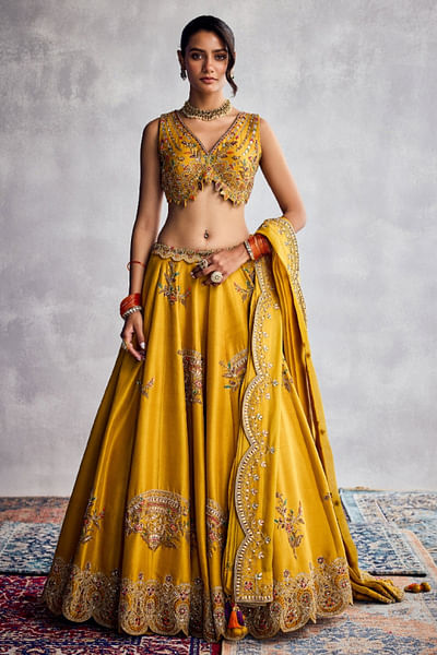 Yellow thread embroidered lehenga set