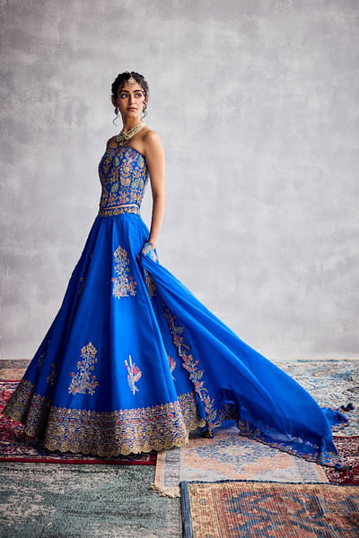 Cobalt blue floral embroidered lehenga set