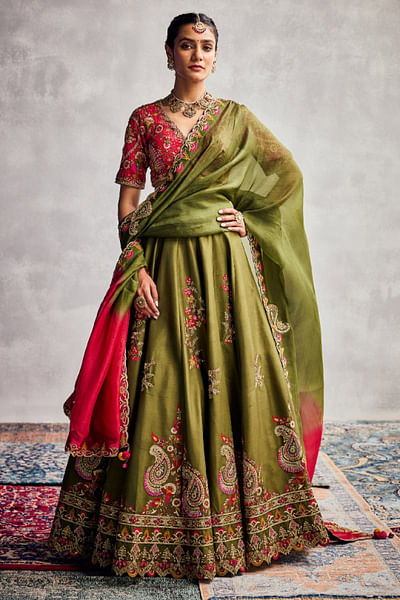 Dark green floral embroidered lehenga set