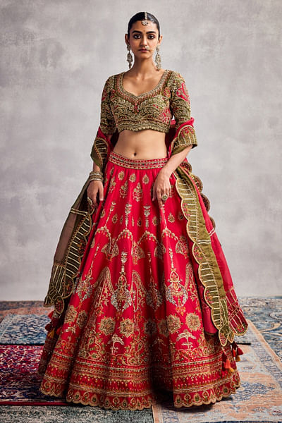 Red floral embroidered lehenga set