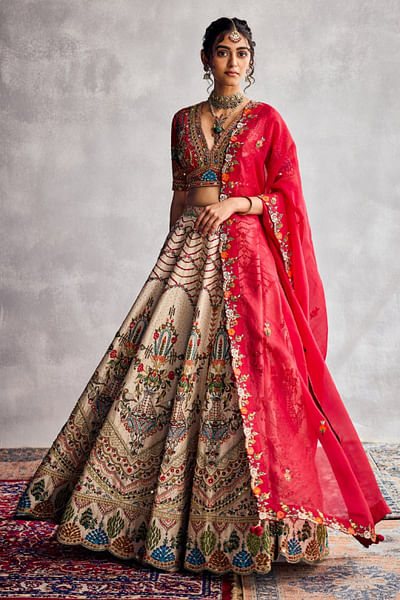Ivory thread embroidered lehenga set