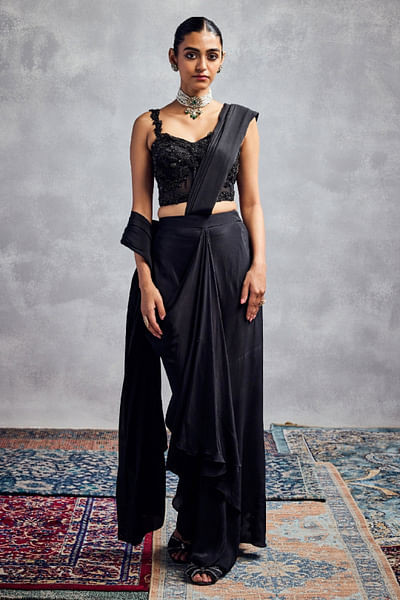 Black pre-draped sari set
