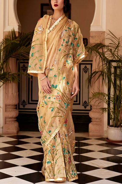 Gold embroidered tissue sari