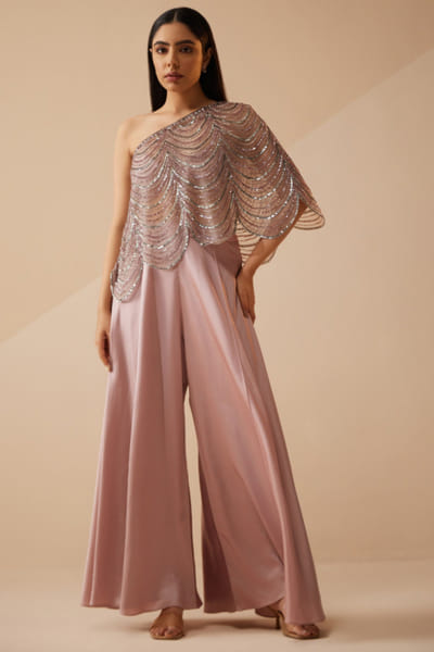 Roqa Lavender scallop sequin one-shoulder cape set ROQAPR25D124395