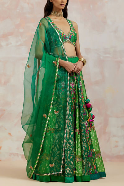 Bottle green silk lehenga set