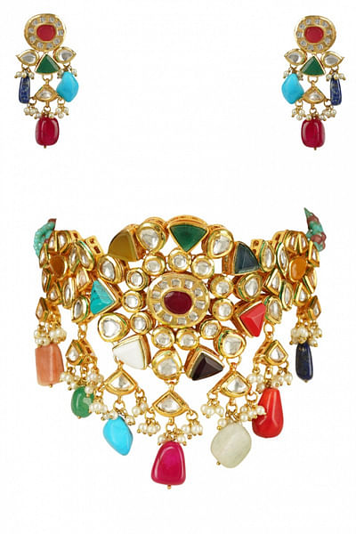 Gold plated navratna necklace set