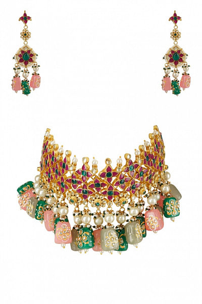 Pink and green gemstone necklace set
