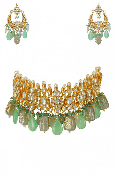 Green stone and kundan polki choker set
