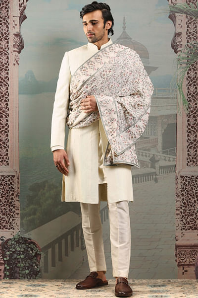 Ivory floral embroidered silk stole