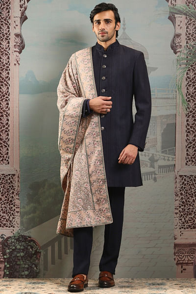 Brown floral embroidered silk stole