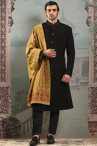 Gold zardozi and thread embroidery silk stole