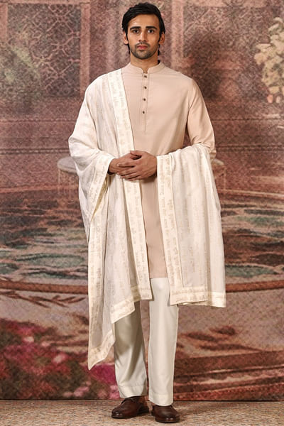 Cream pearl thread embroidered silk stole