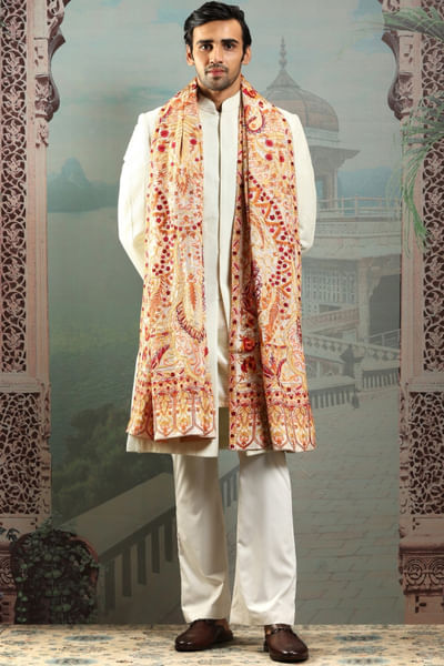 Ivory floral thread embroidered silk stole