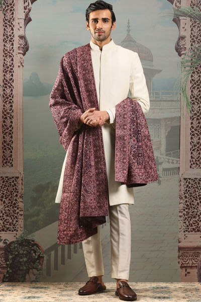 Plum floral thread embroidered silk stole