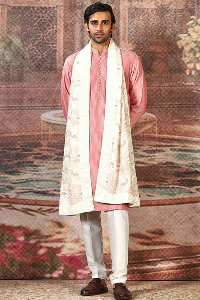 Off-white floral embroidered silk stole