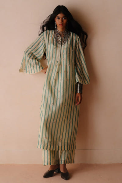 Blue stripe pearl embroidered kurta set