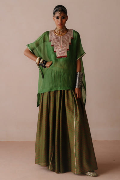 Green gota embroidered cape and skirt set