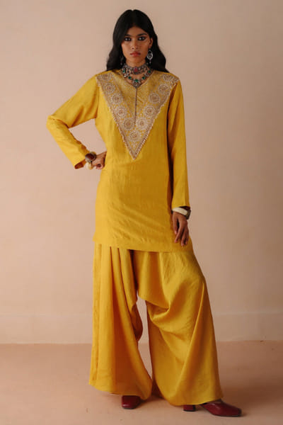 Yellow dori embroidered kurta set