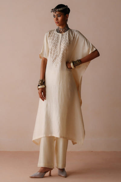 Ivory pearl embroidered silk kaftan set
