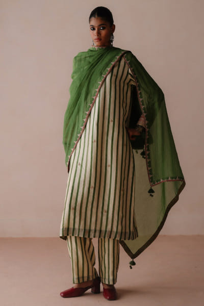 Green stripe marodi embroidered kurta set