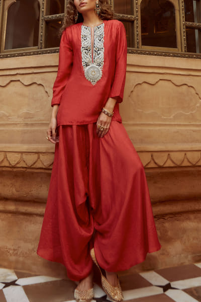 Red mulberry silk kurta and dhoti