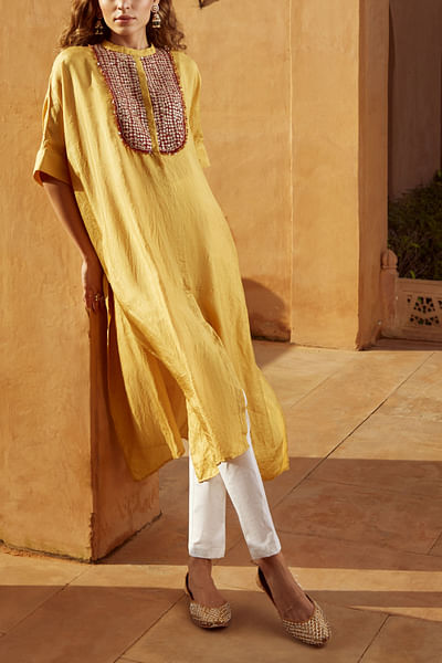 Yellow mulberry silk kaftan set
