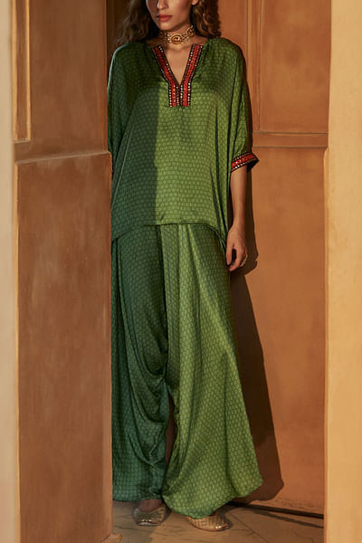 Green block printed kaftan and dhoti