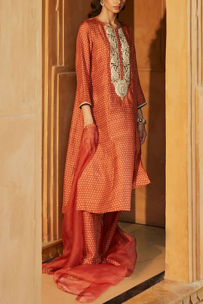 Brick red bagru printed kurta set