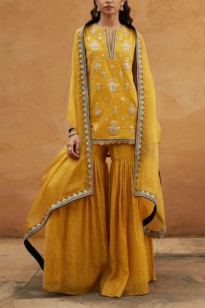 Yellow matka silk kurta and sharara set